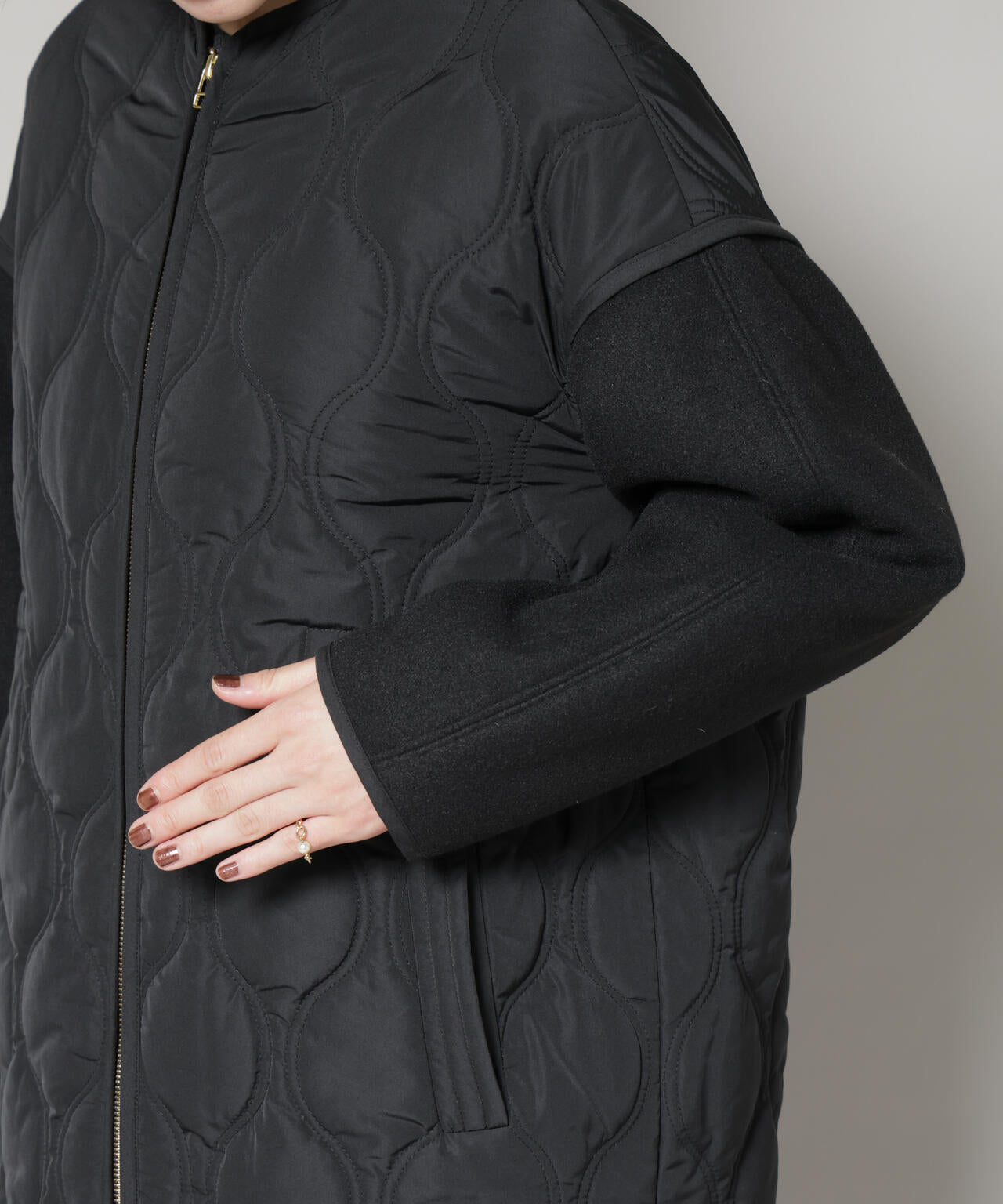 異素材コンビキルティングノーカラーコート