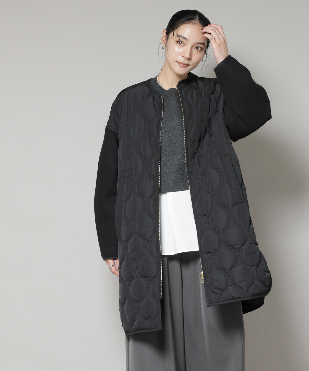 異素材コンビキルティングノーカラーコート