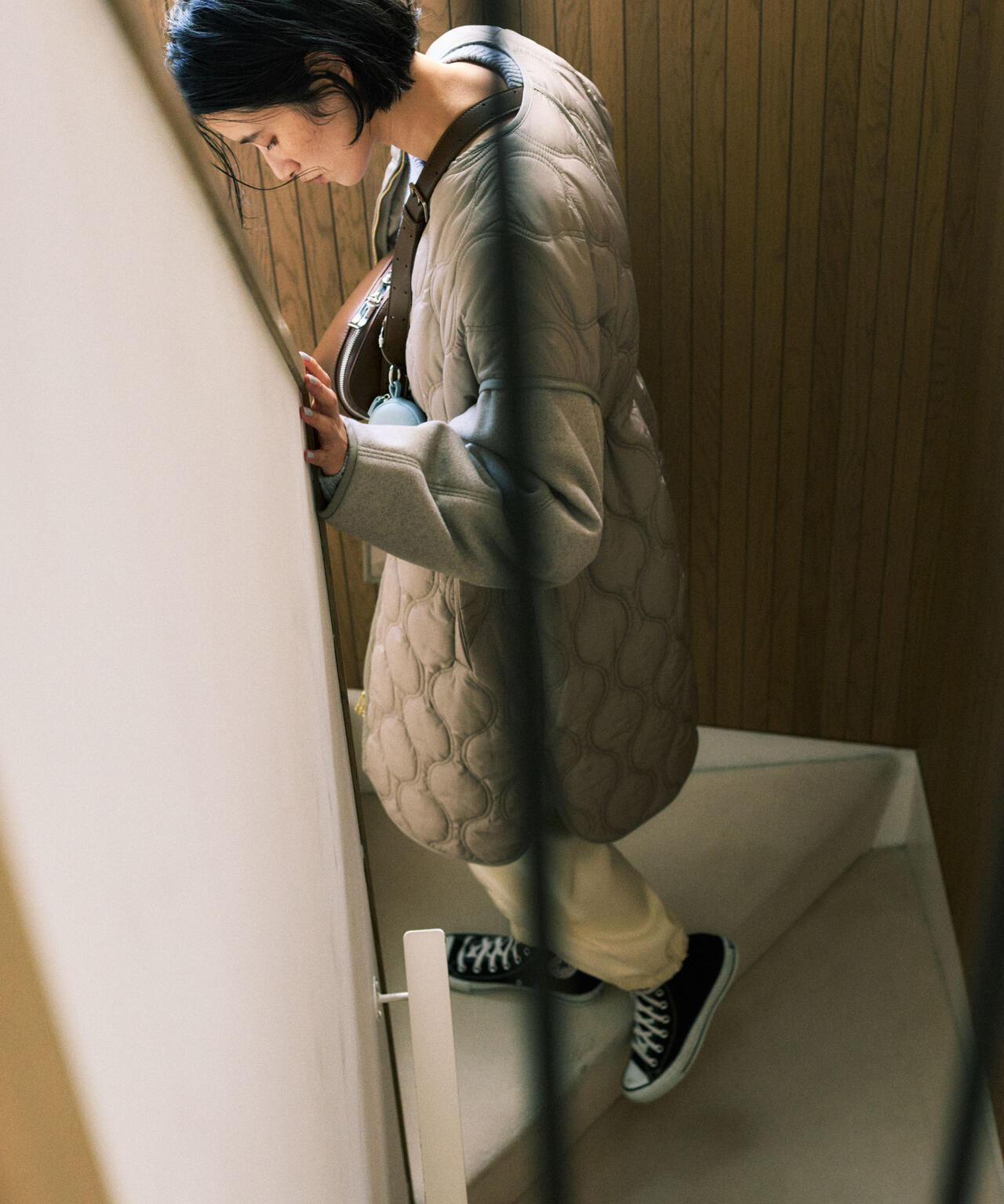 異素材コンビキルティングノーカラーコート