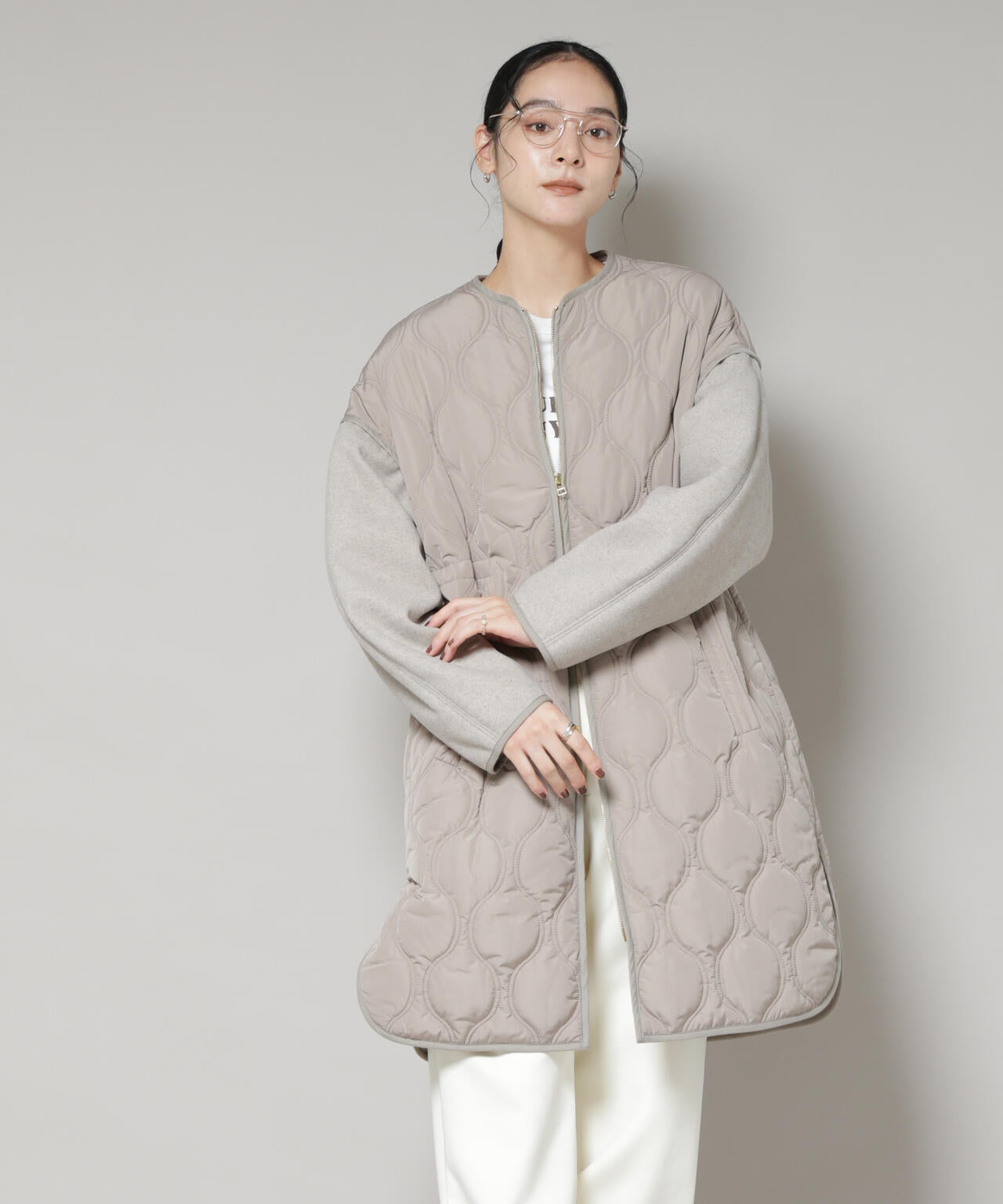 異素材コンビキルティングノーカラーコート