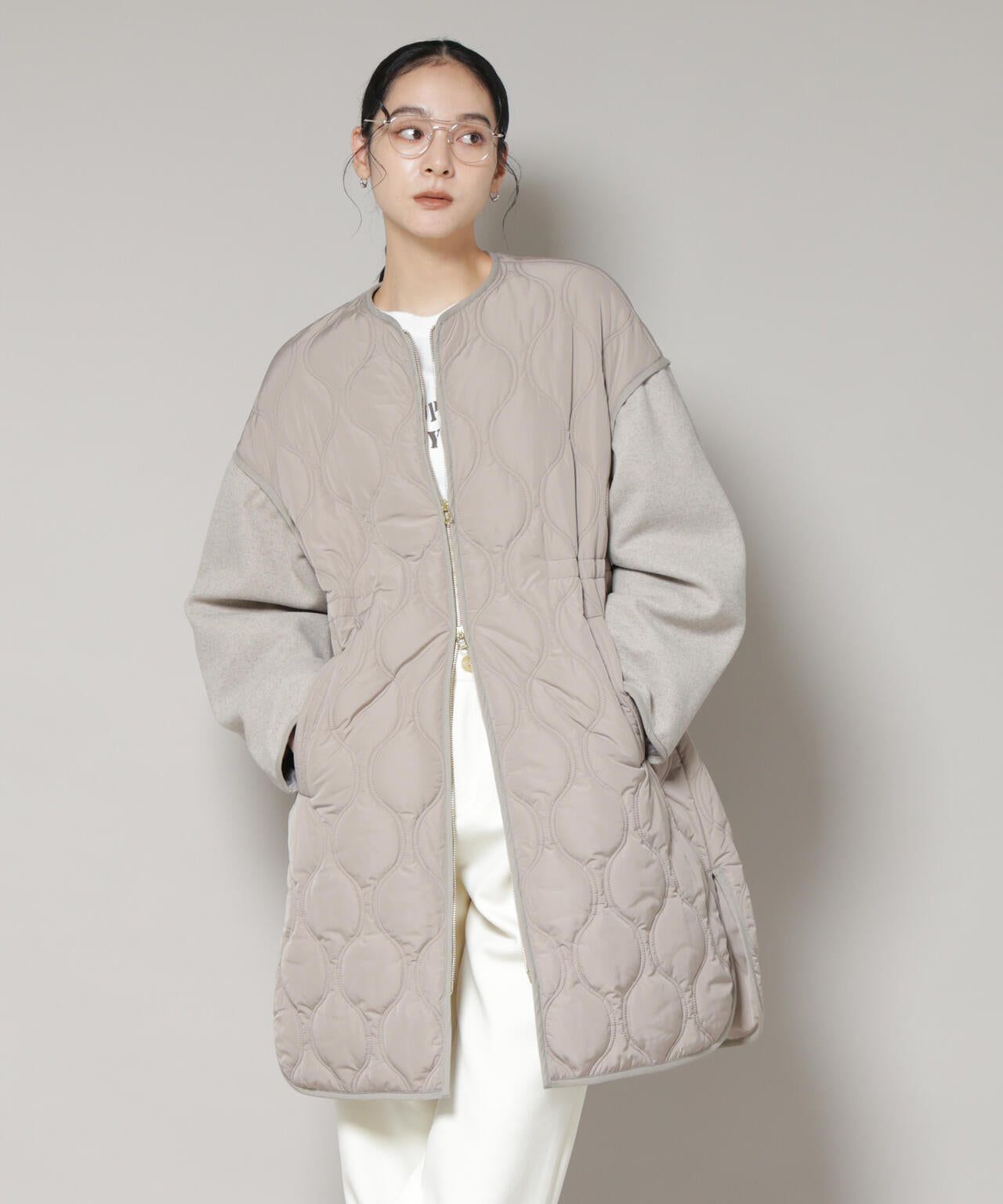 異素材コンビキルティングノーカラーコート