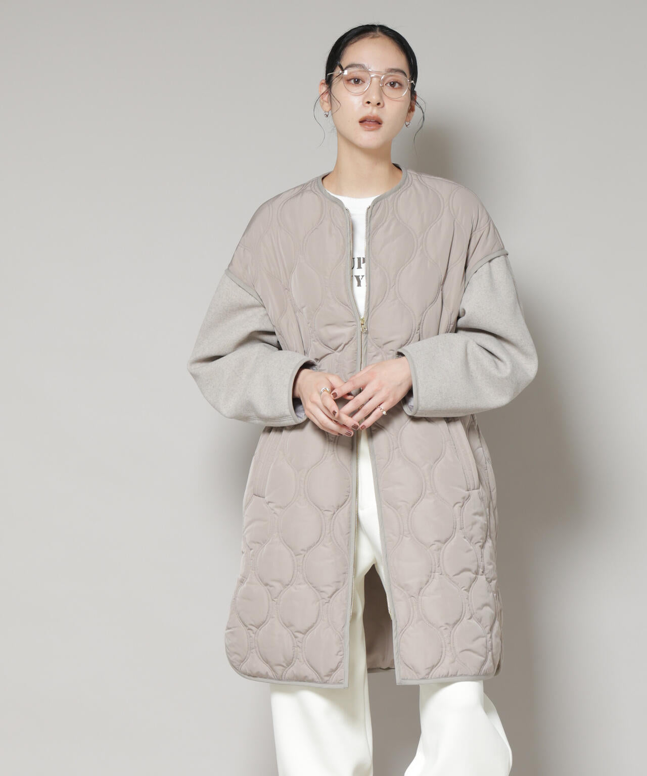 異素材コンビキルティングノーカラーコート