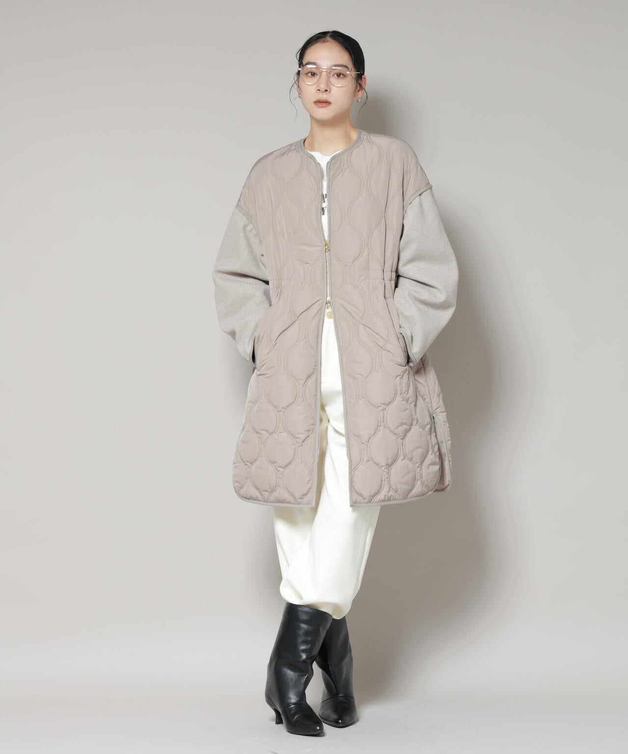 異素材コンビキルティングノーカラーコート