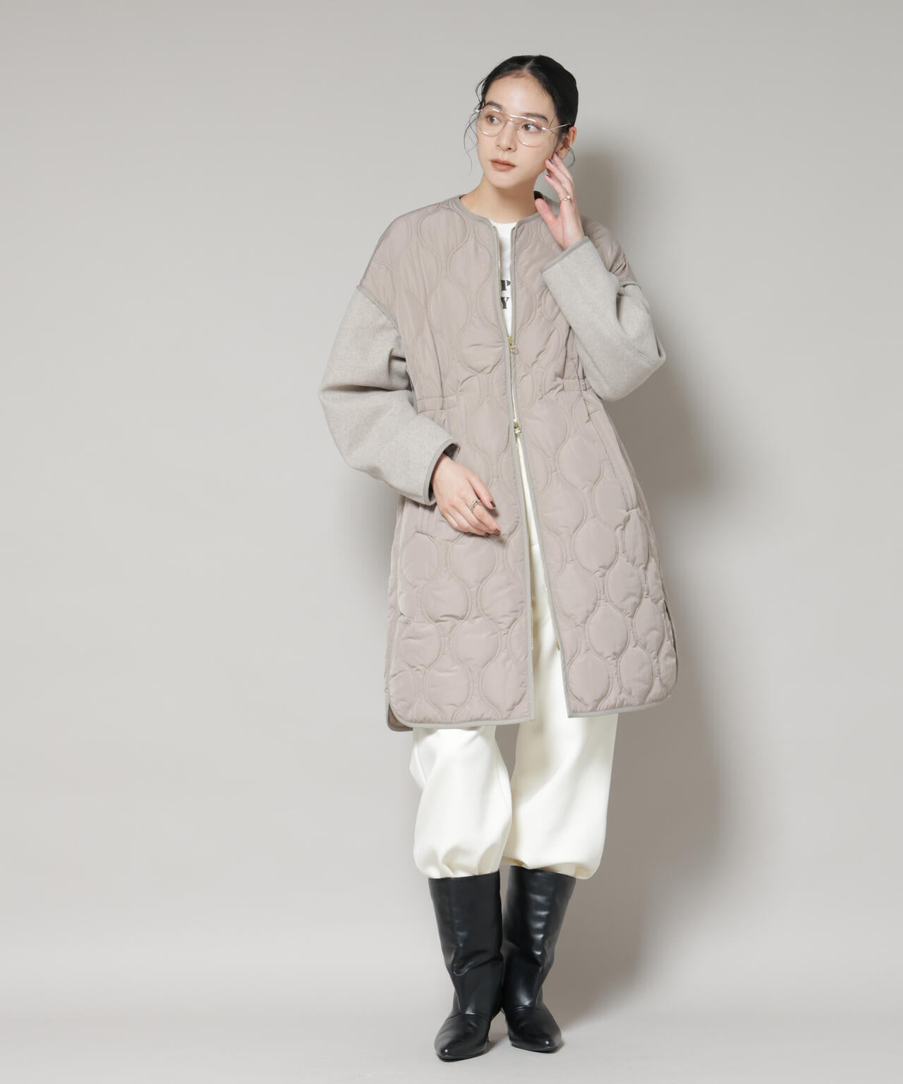 異素材コンビキルティングノーカラーコート