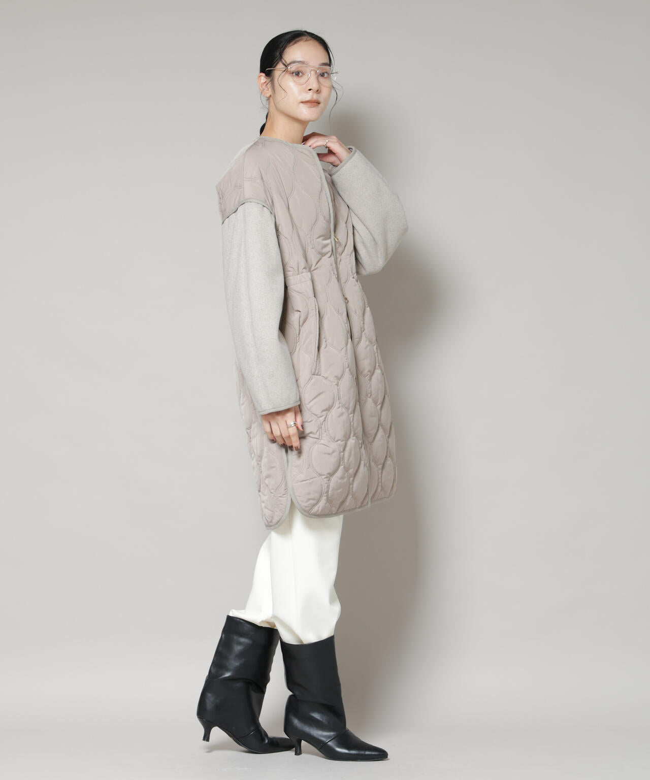 異素材コンビキルティングノーカラーコート