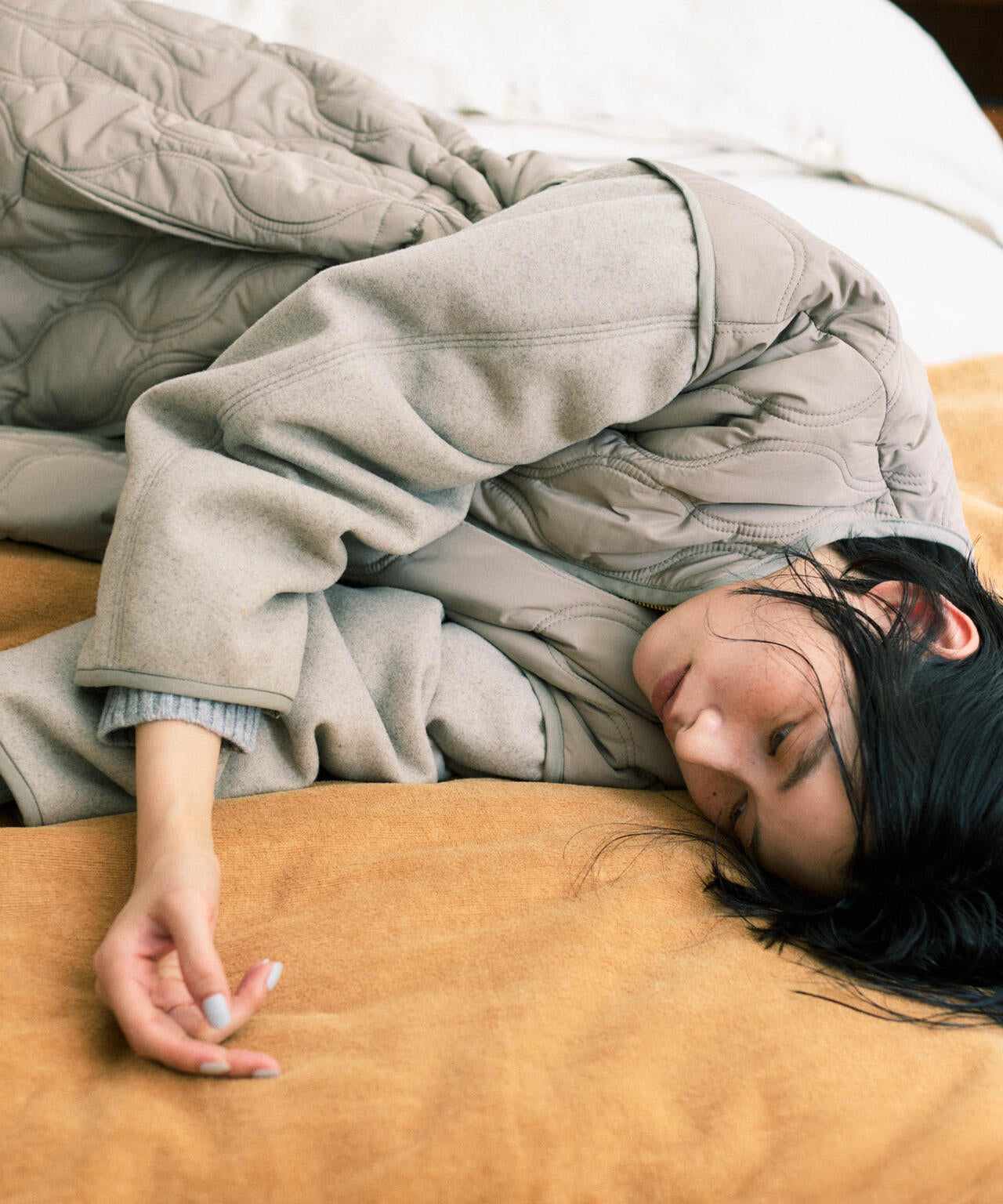 異素材コンビキルティングノーカラーコート