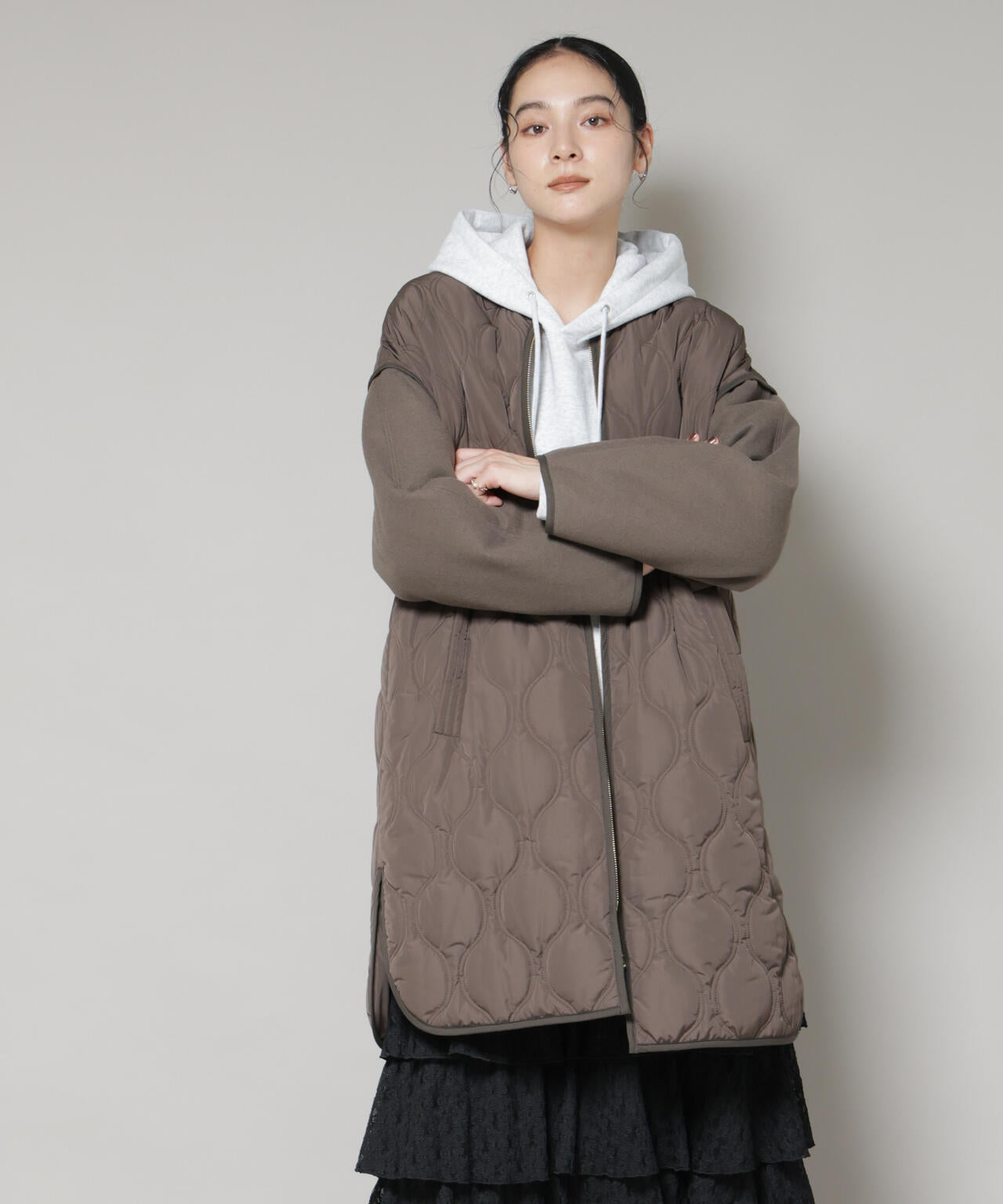 異素材コンビキルティングノーカラーコート