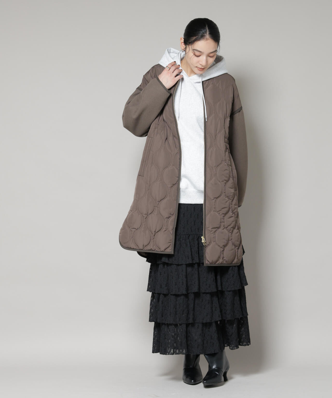 異素材コンビキルティングノーカラーコート