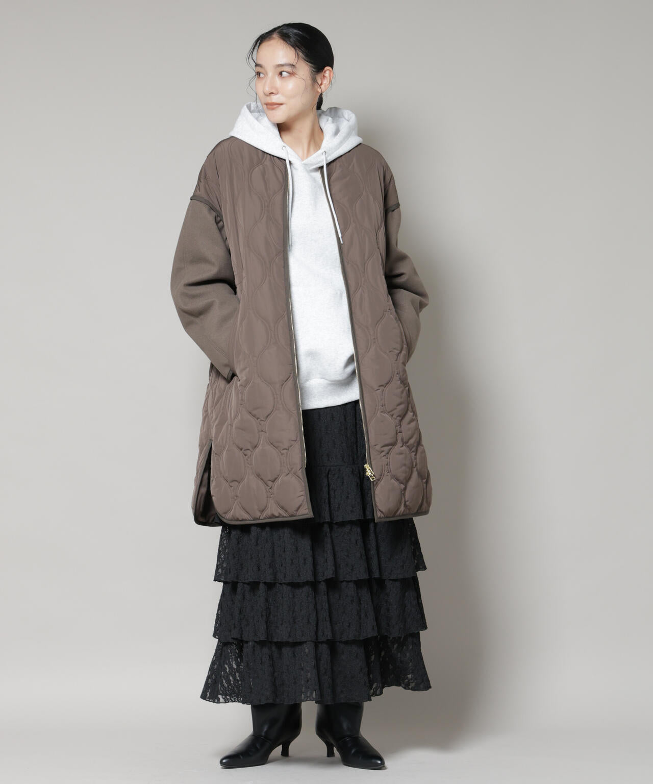 異素材コンビキルティングノーカラーコート