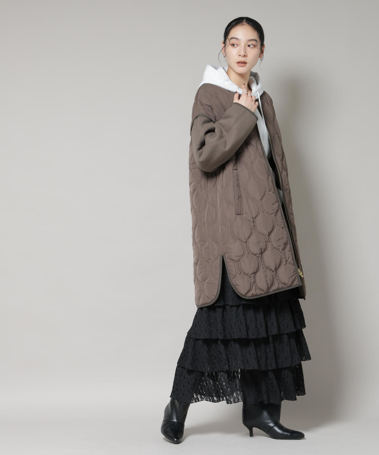 異素材コンビキルティングノーカラーコート