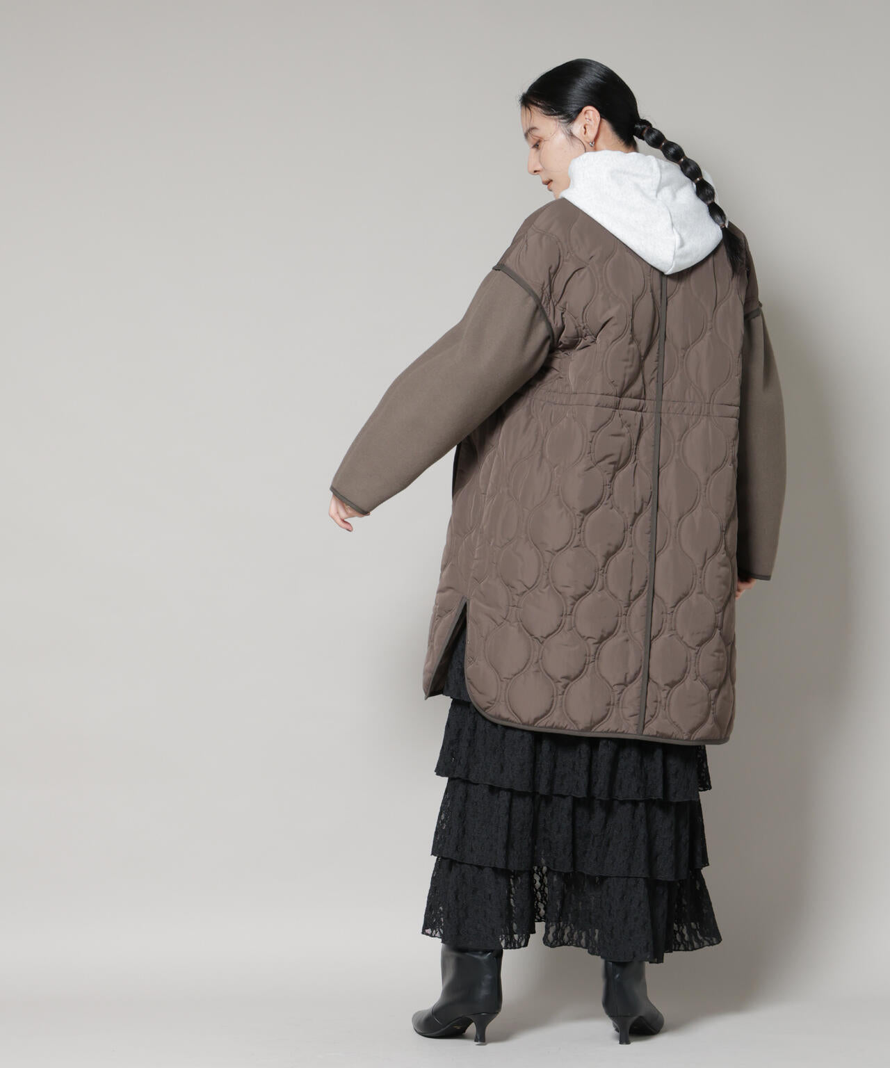 異素材コンビキルティングノーカラーコート