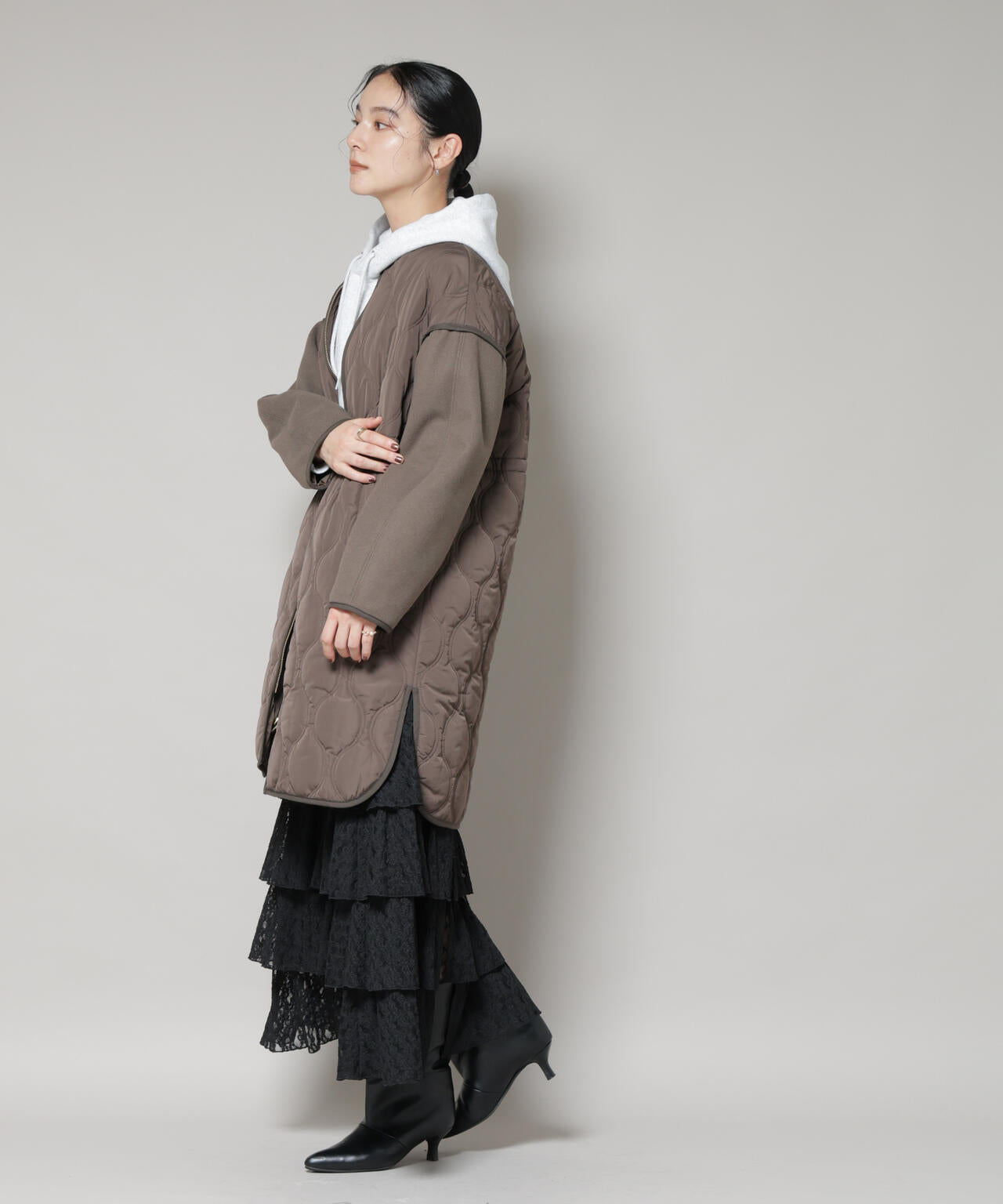 異素材コンビキルティングノーカラーコート