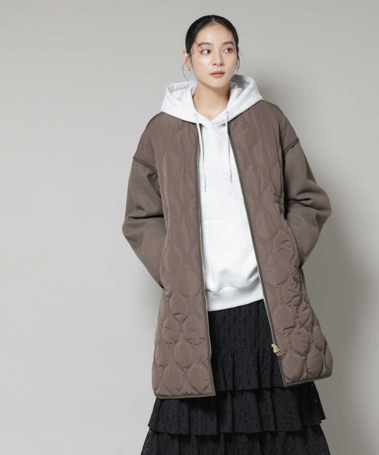 異素材コンビキルティングノーカラーコート