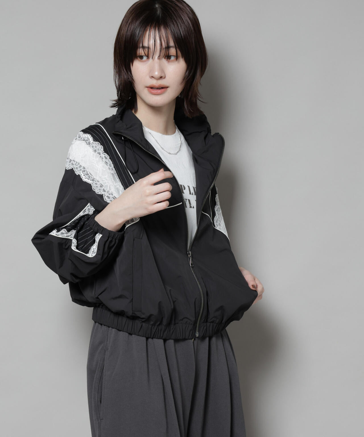 レース×ストライプ切替ナイロンブルゾン