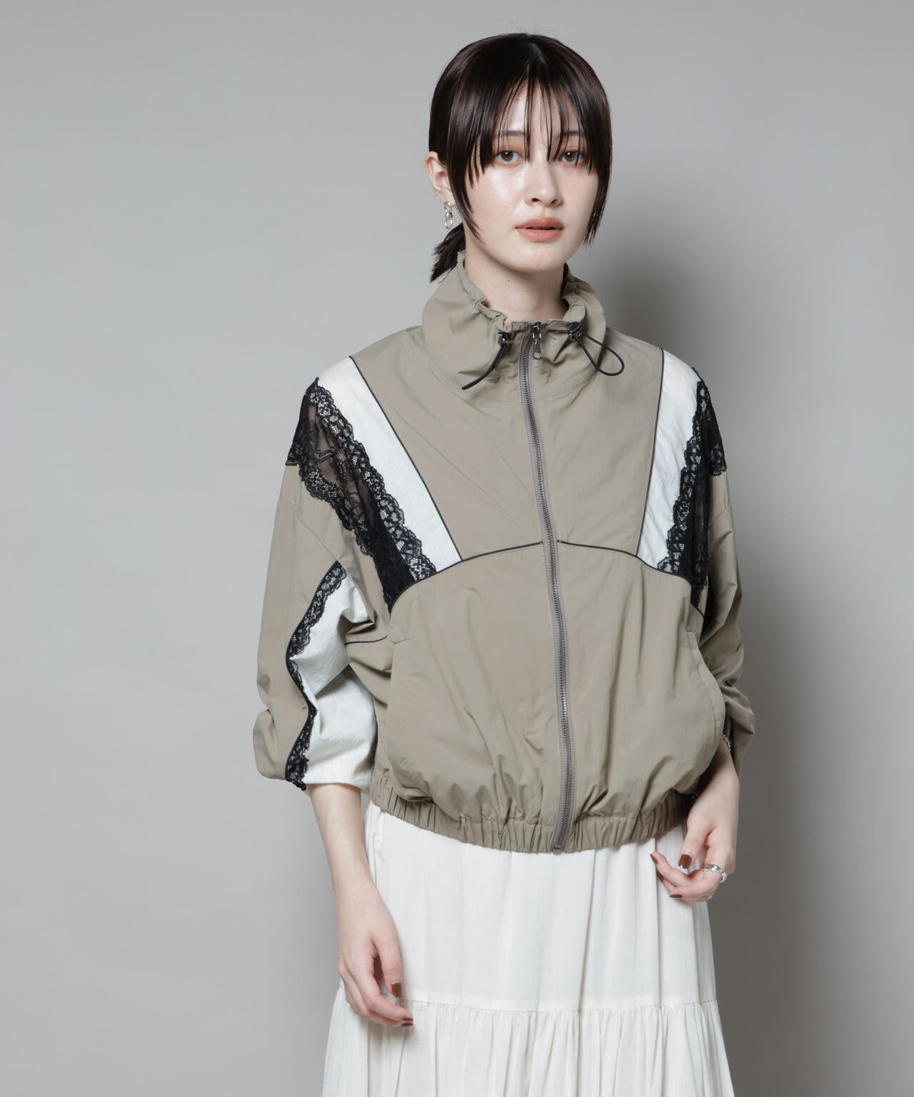 レース×ストライプ切替ナイロンブルゾン