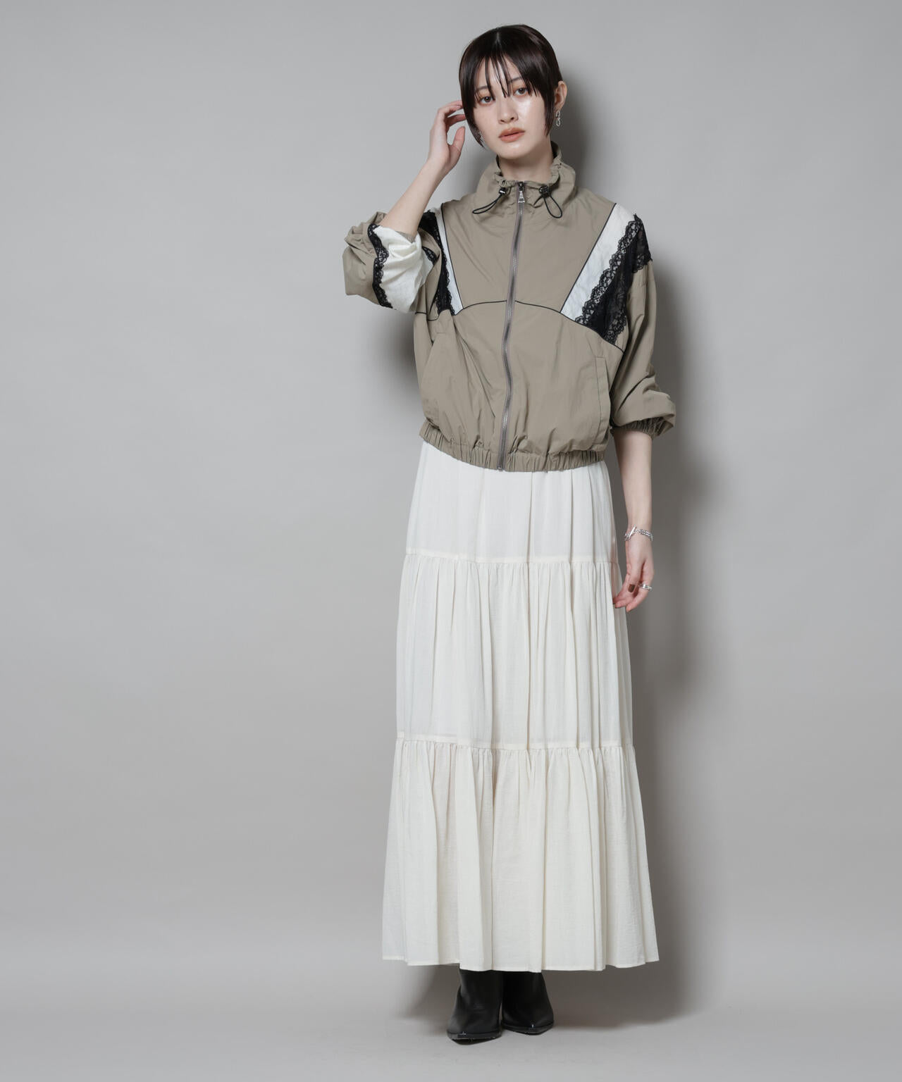 レース×ストライプ切替ナイロンブルゾン