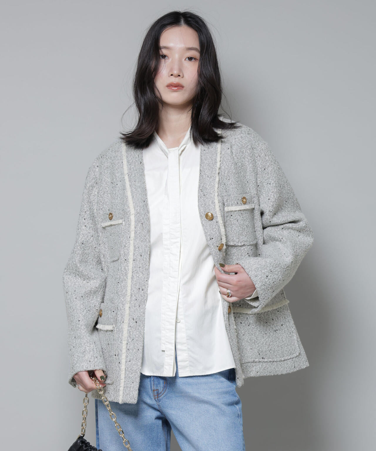 ネップツイードノーカラージャケット