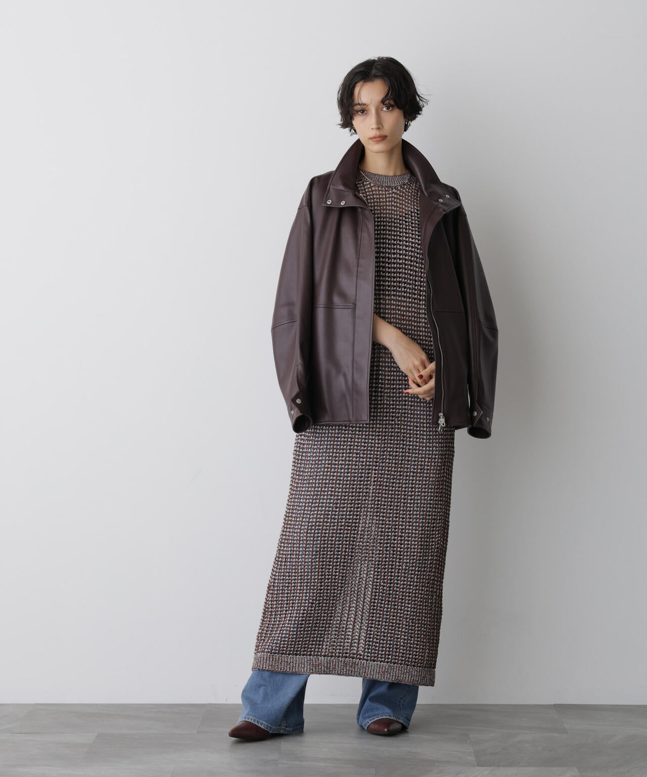 「STEVELOUR」スタンドフェイクレザージップブルゾン