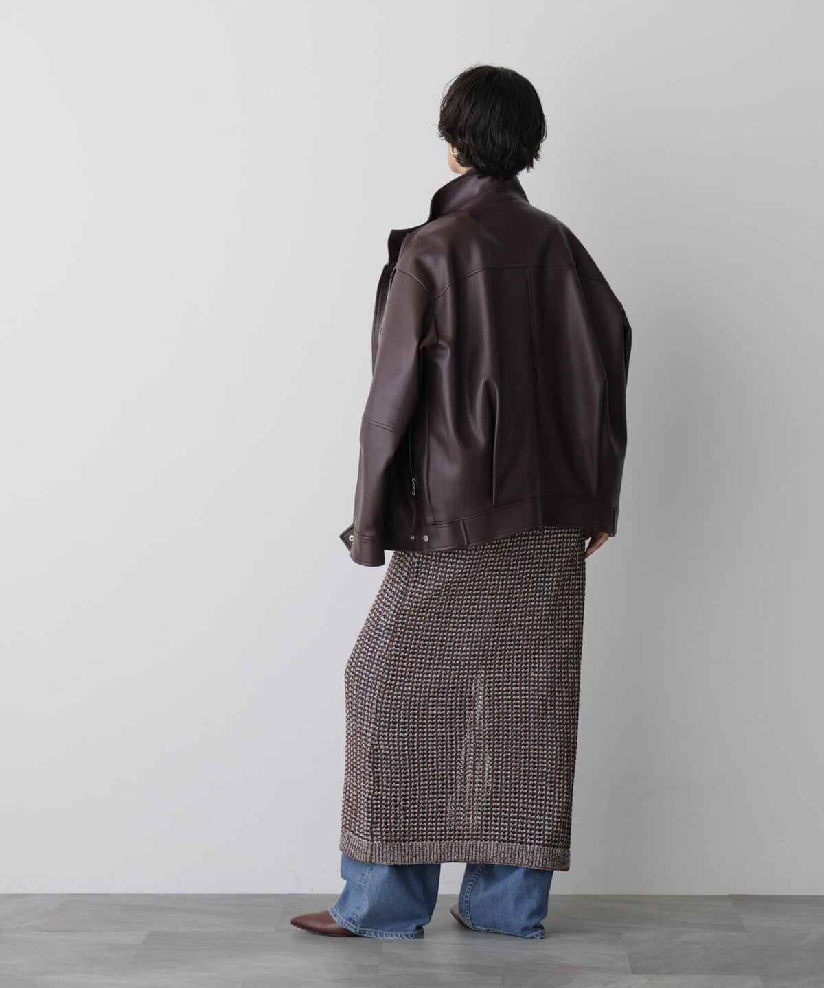 「STEVELOUR」スタンドフェイクレザージップブルゾン