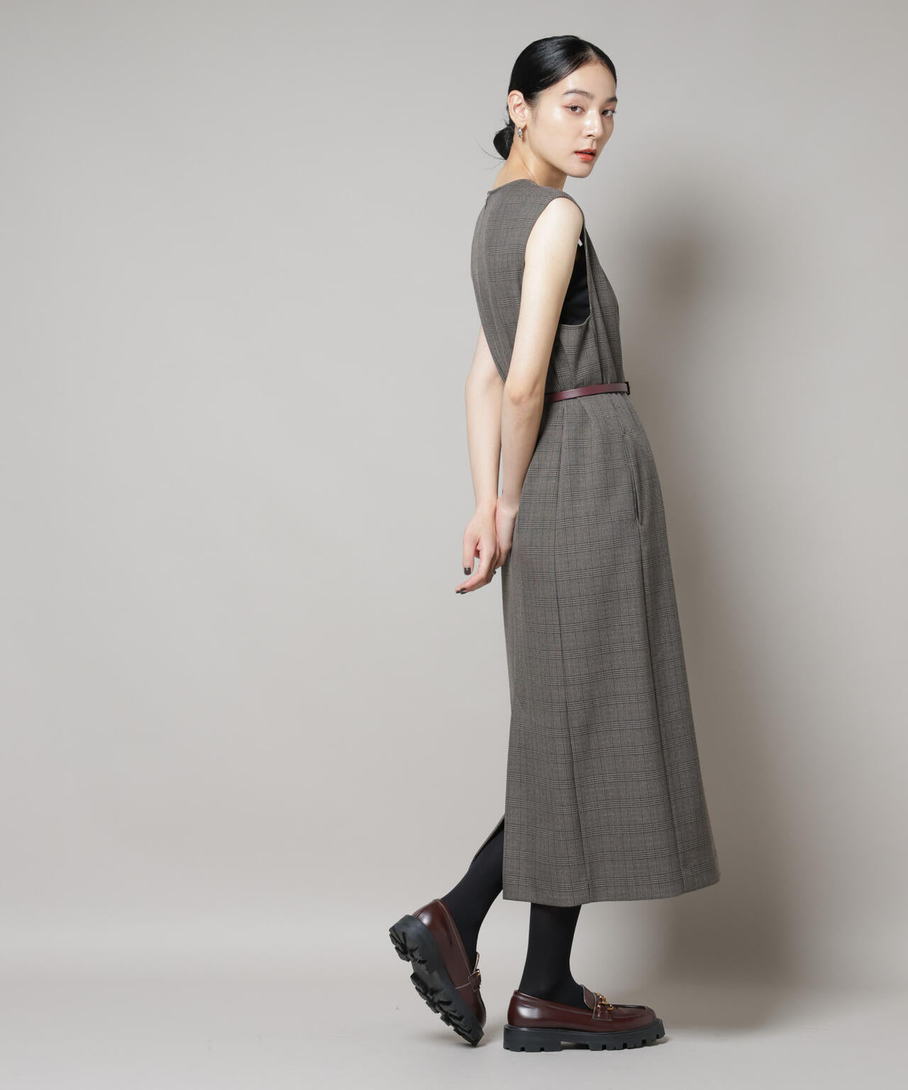 ストレッチサージチェックVネックワンピース(セットアップ可)