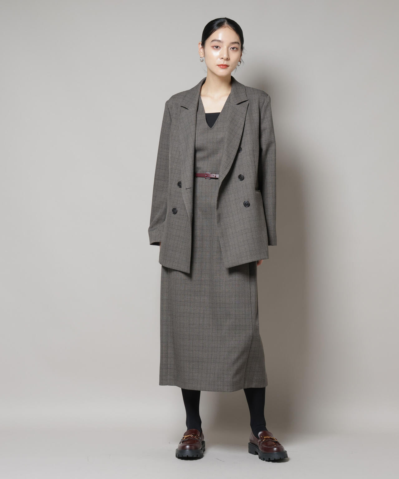 ストレッチサージチェックVネックワンピース(セットアップ可)