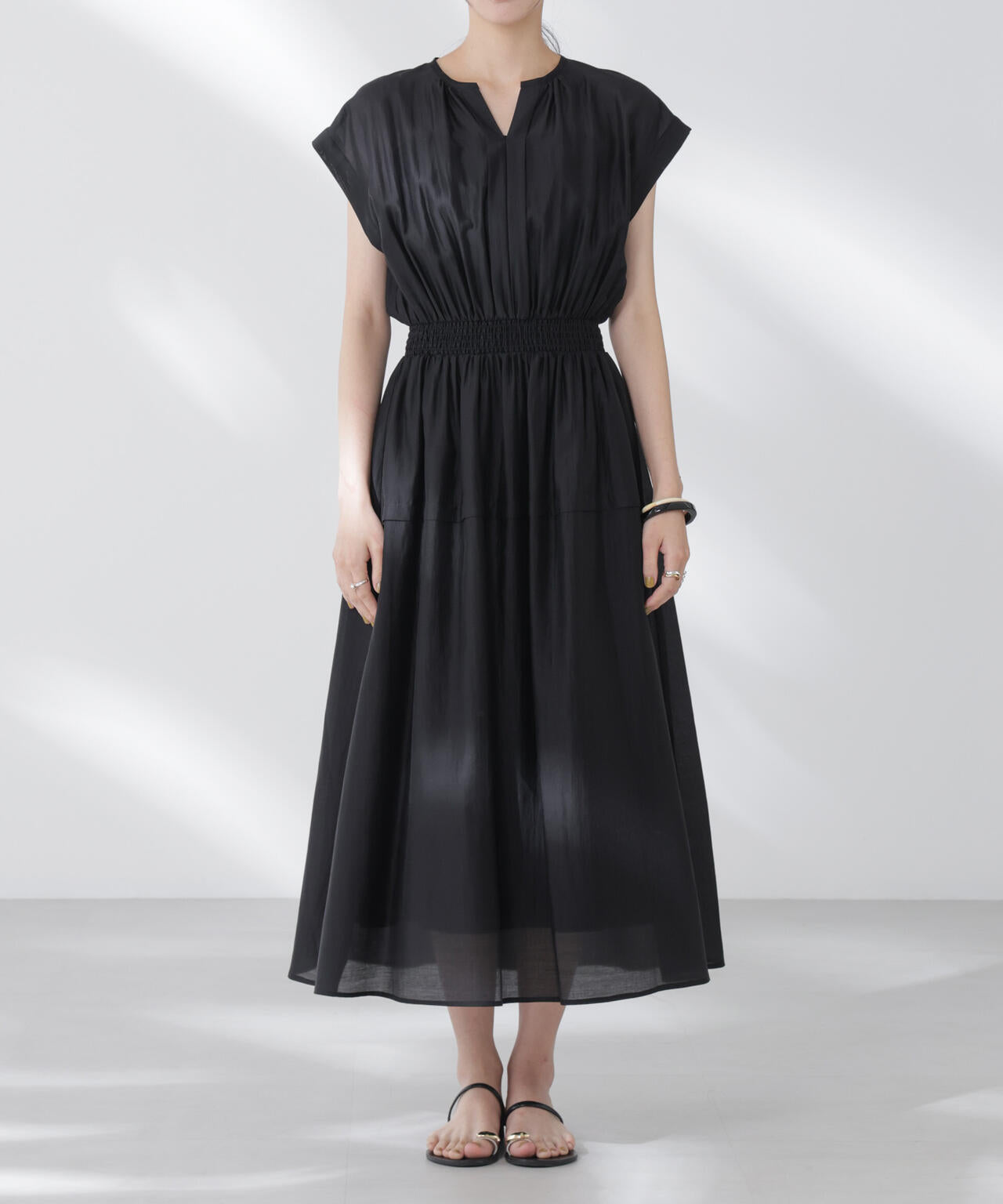 シアーサテンウエストシャーリングワンピース