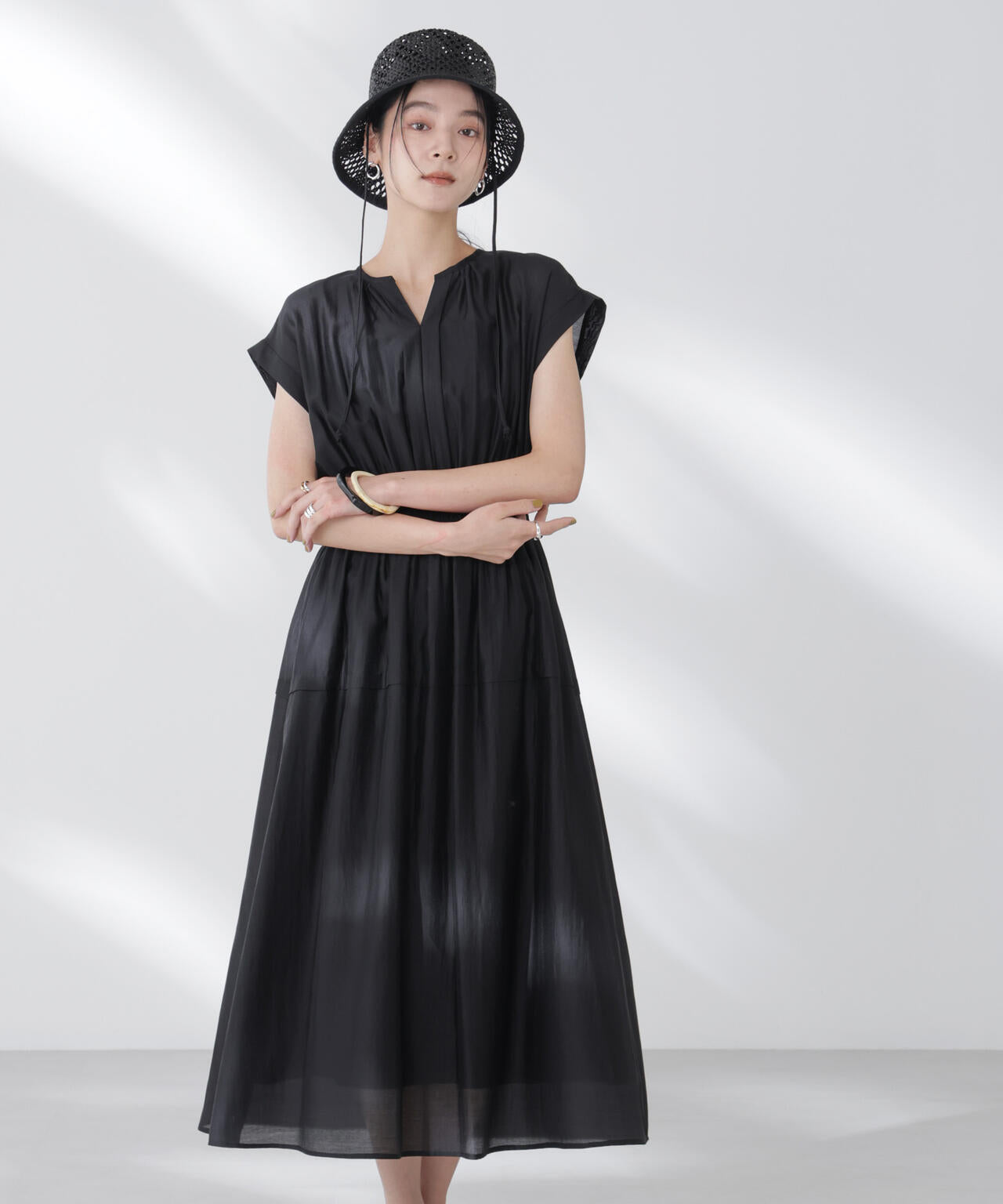 シアーサテンウエストシャーリングワンピース