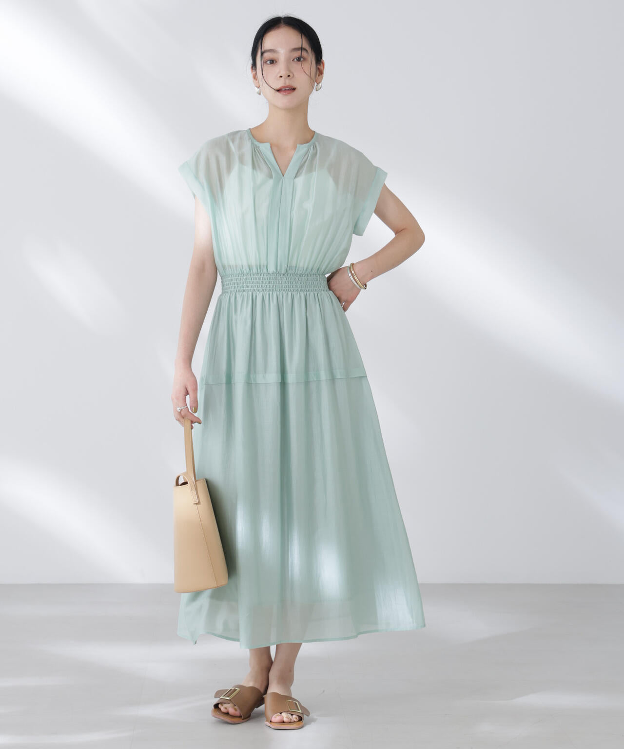 シアーサテンウエストシャーリングワンピース