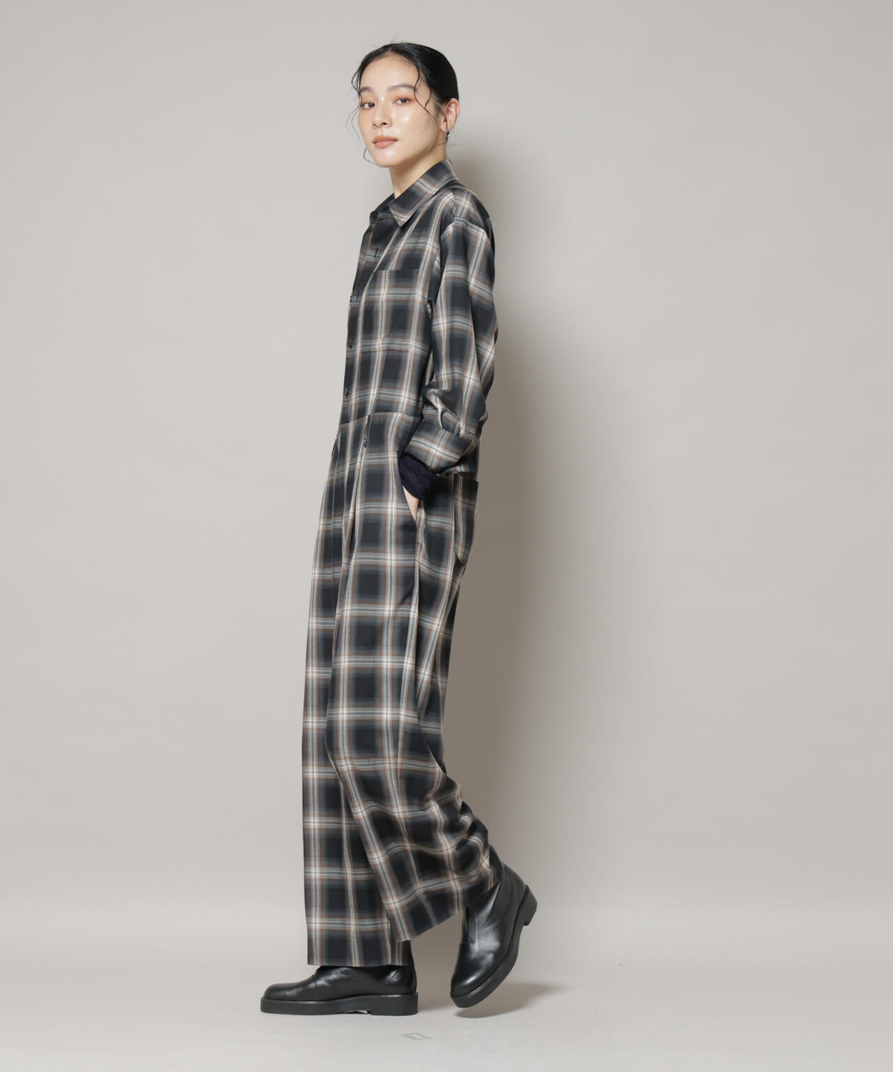 オンブレーチェックジャンプスーツ