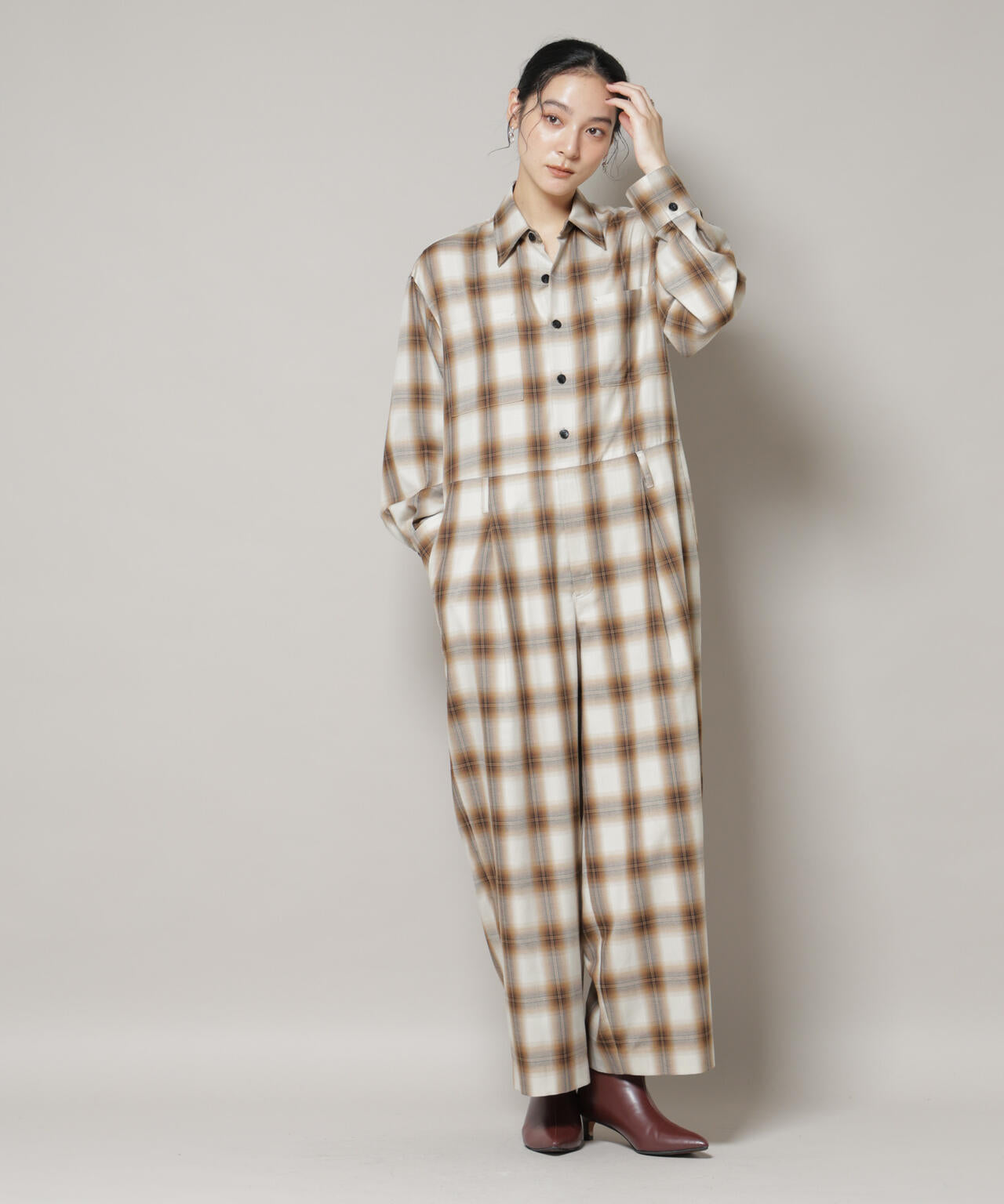 オンブレーチェックジャンプスーツ