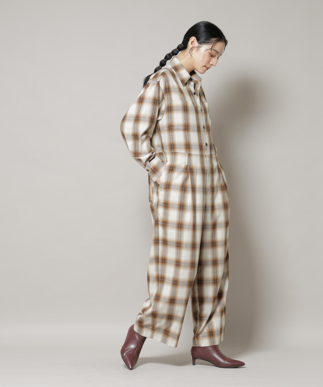 オンブレーチェックジャンプスーツ