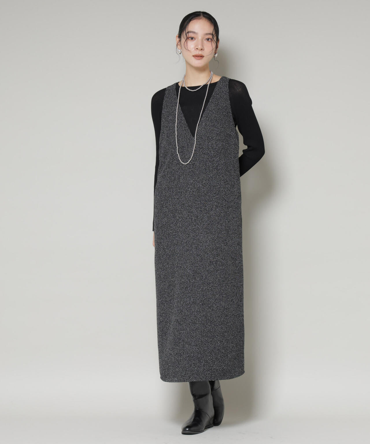 ツイードIラインワンピース×シアーリブニットセット