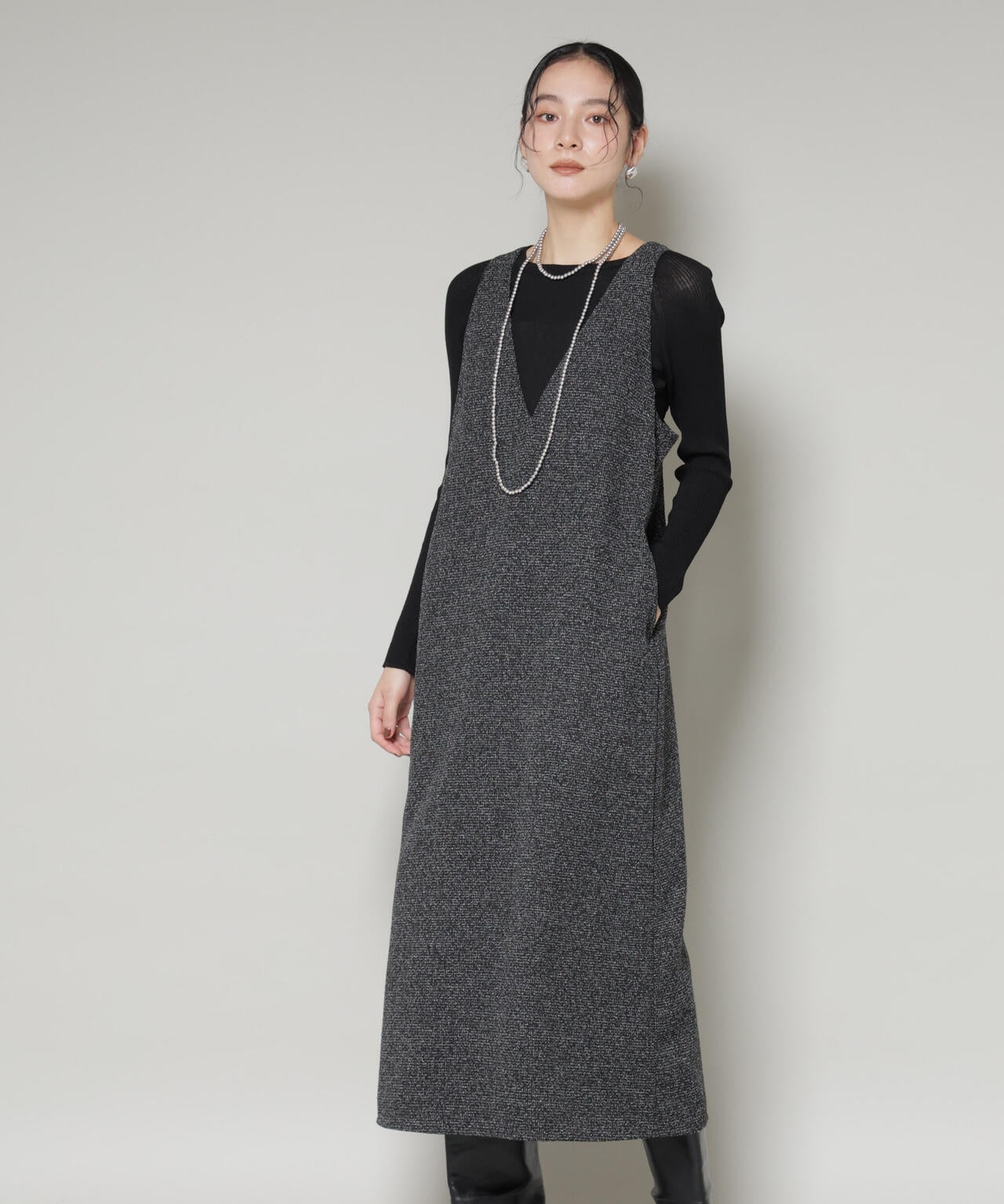ツイードIラインワンピース×シアーリブニットセット