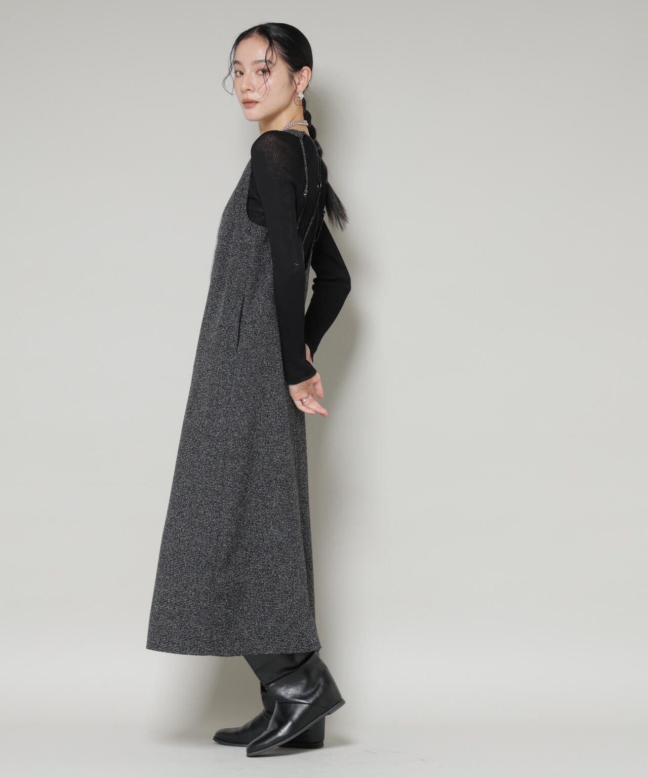 ツイードIラインワンピース×シアーリブニットセット