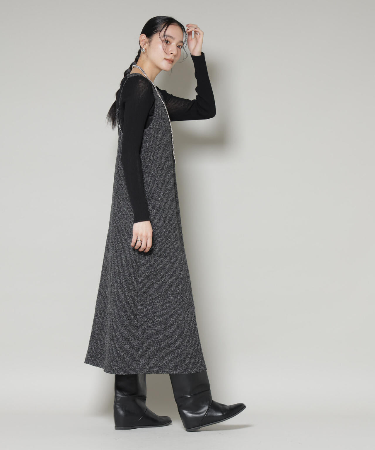 ツイードIラインワンピース×シアーリブニットセット