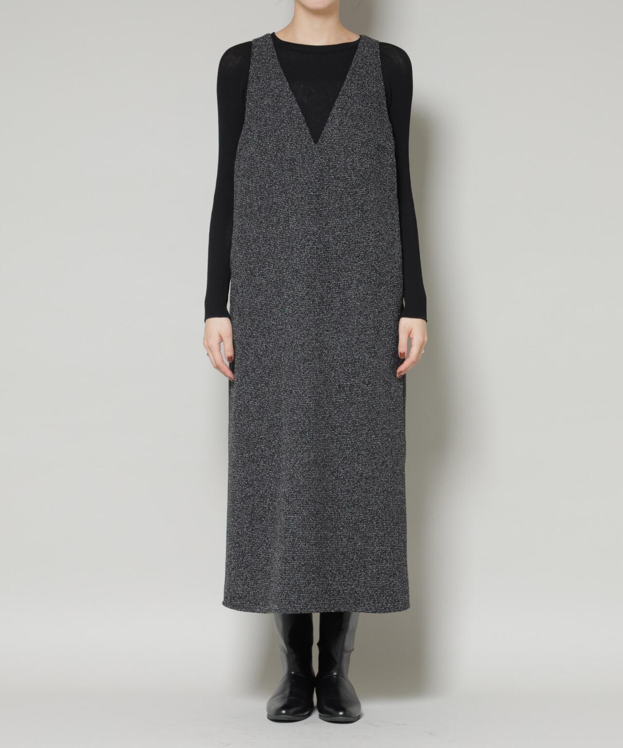 ツイードIラインワンピース×シアーリブニットセット