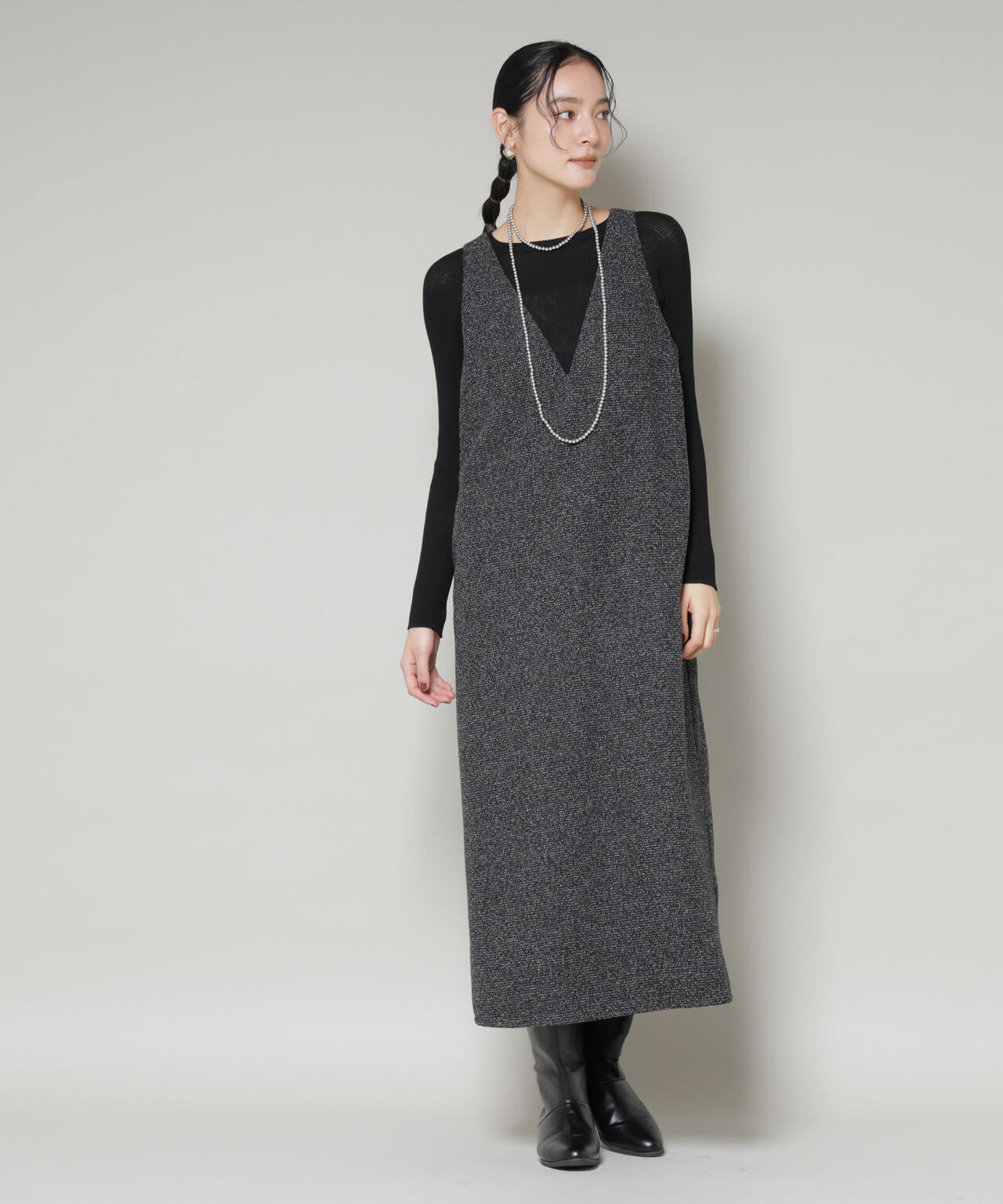 ツイードIラインワンピース×シアーリブニットセット