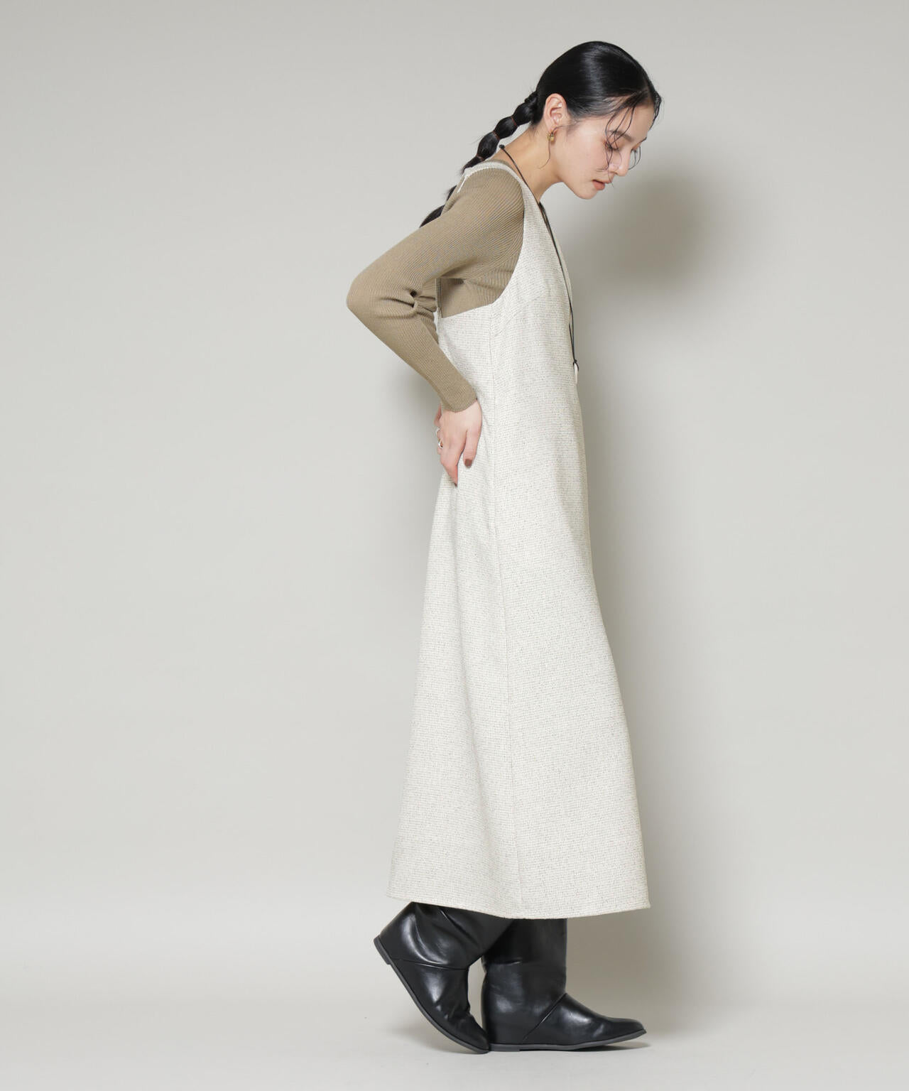 ツイードIラインワンピース×シアーリブニットセット