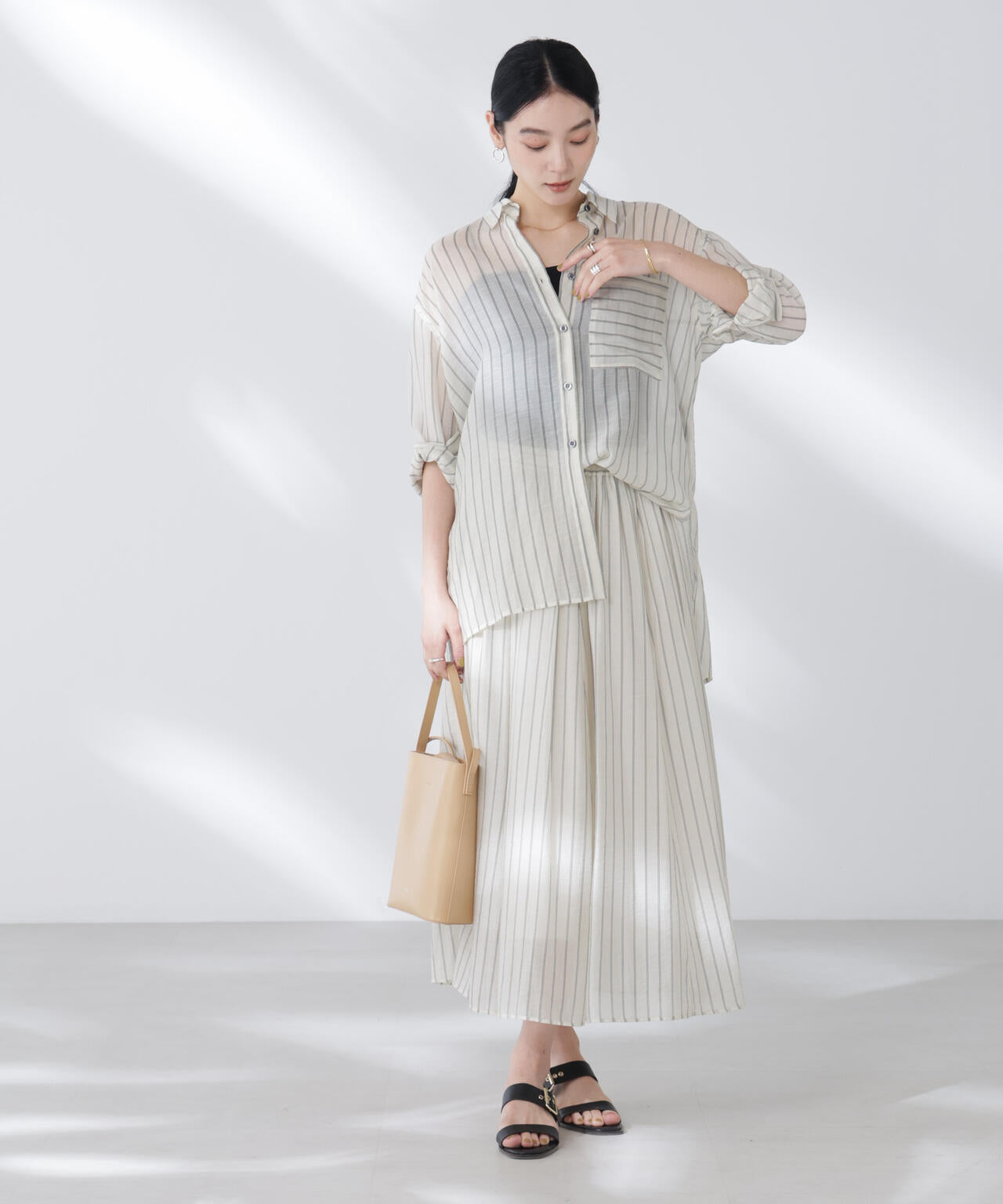 シアーストライプオーバーサイズロングシャツ(セットアップ可)