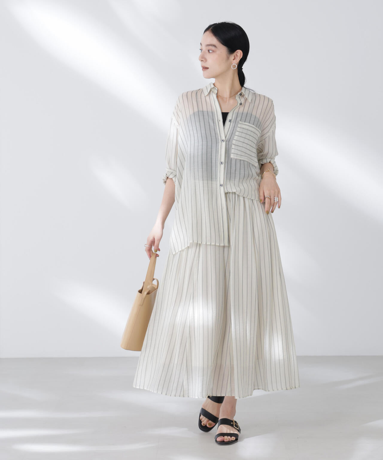 シアーストライプオーバーサイズロングシャツ(セットアップ可)