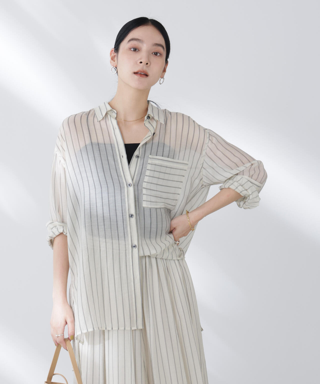 シアーストライプオーバーサイズロングシャツ(セットアップ可)