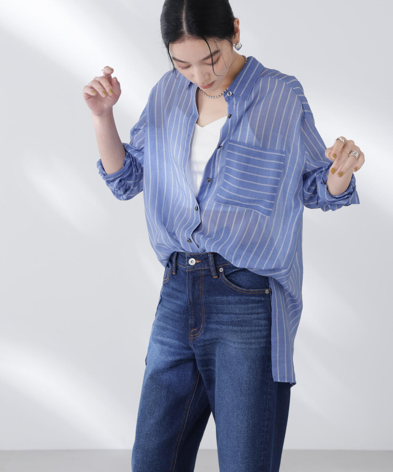 シアーストライプオーバーサイズロングシャツ(セットアップ可)