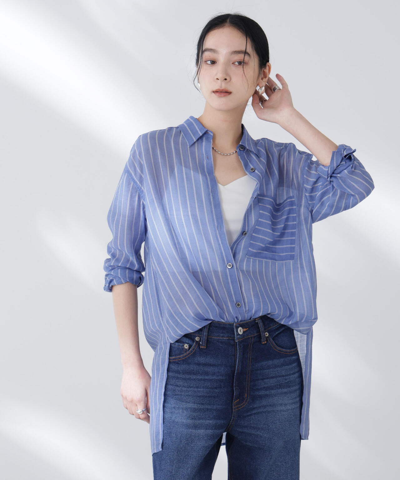シアーストライプオーバーサイズロングシャツ(セットアップ可)