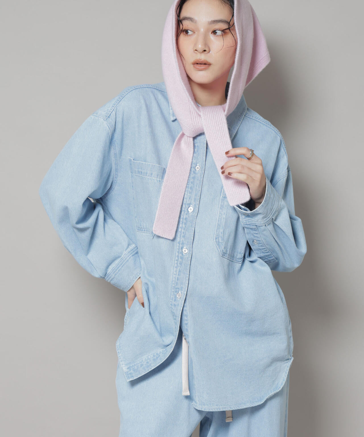 刺繍入りデニムワイドシャツ(セットアップ可)