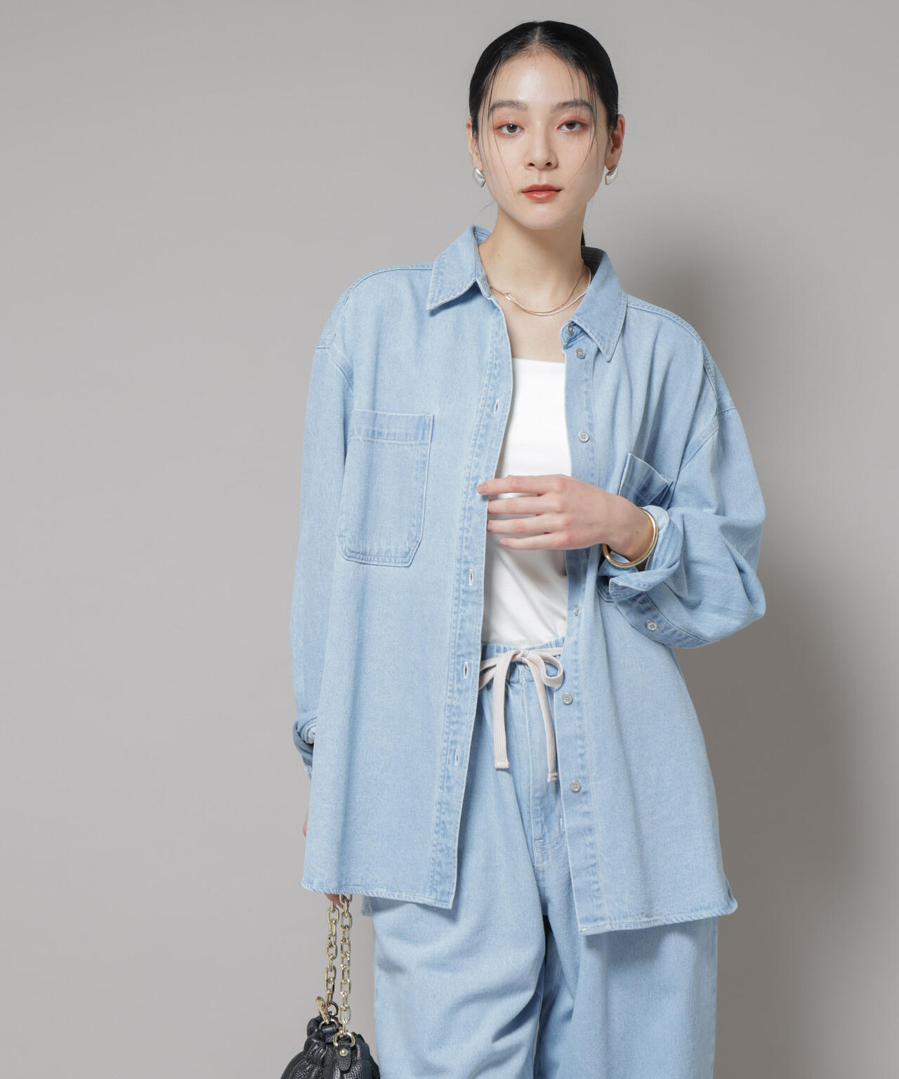 刺繍入りデニムワイドシャツ(セットアップ可)