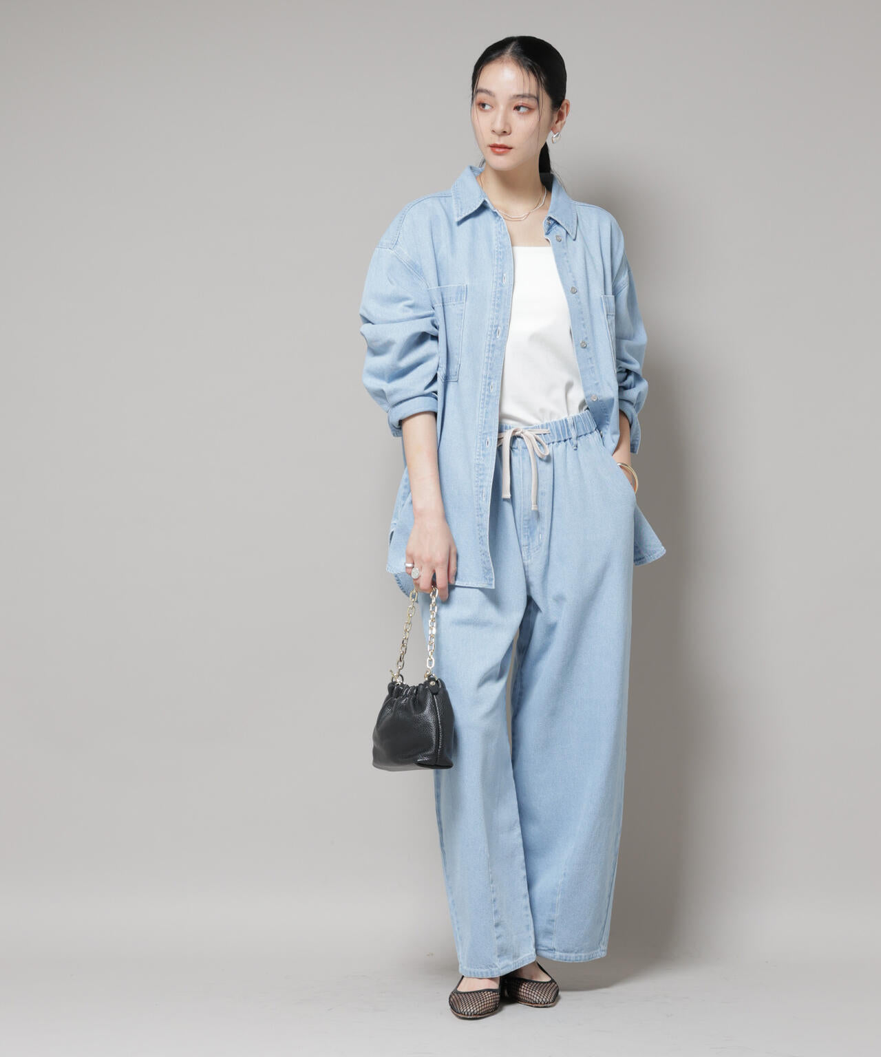 刺繍入りデニムワイドシャツ(セットアップ可)