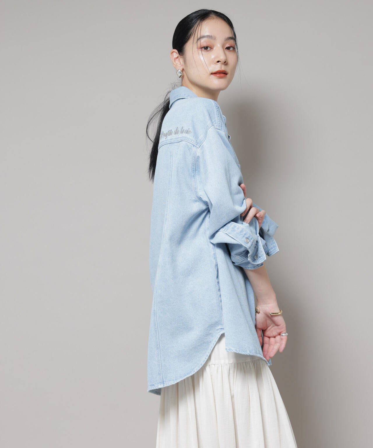 刺繍入りデニムワイドシャツ(セットアップ可)