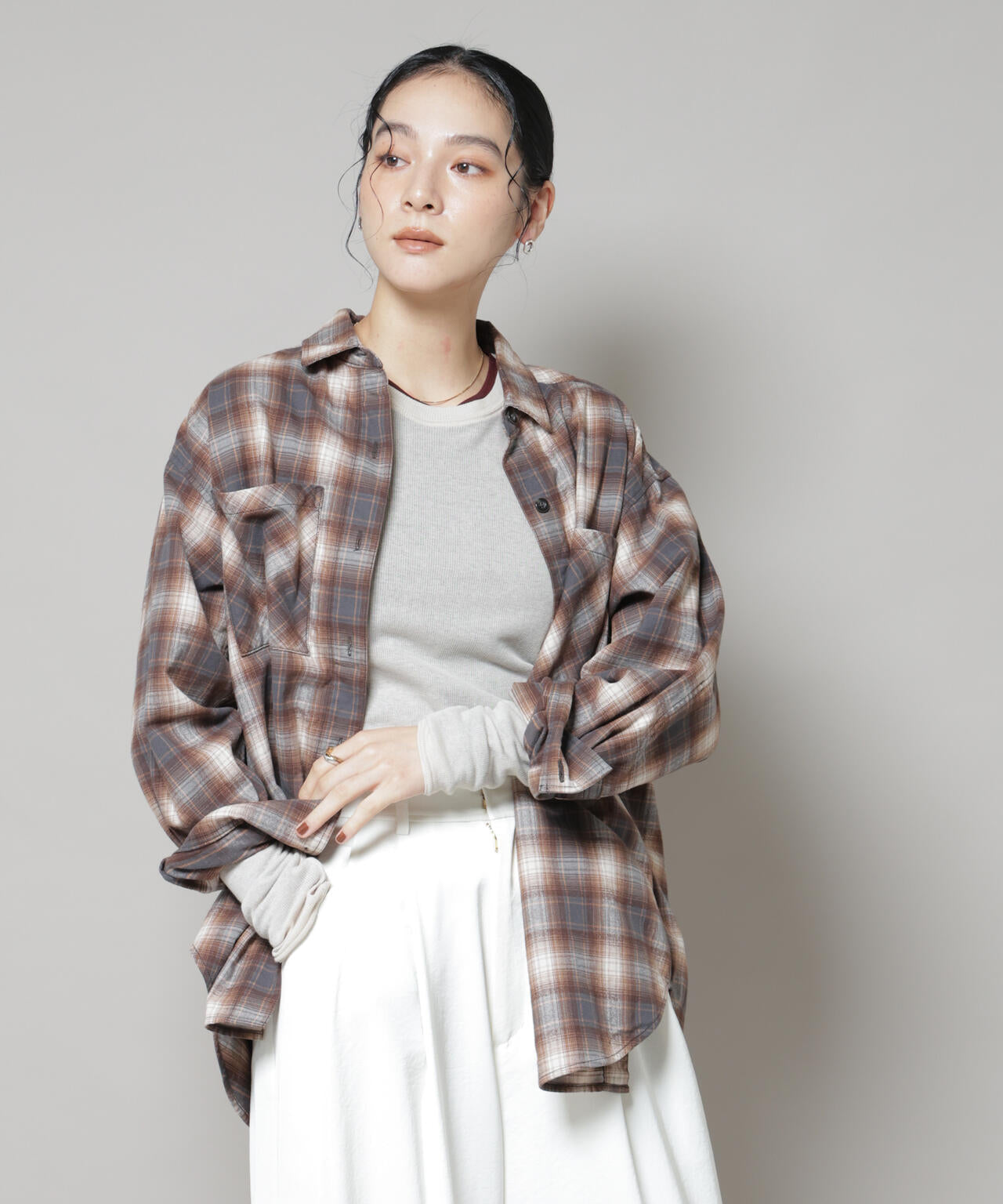 オンブレチェックオーバーネルシャツ