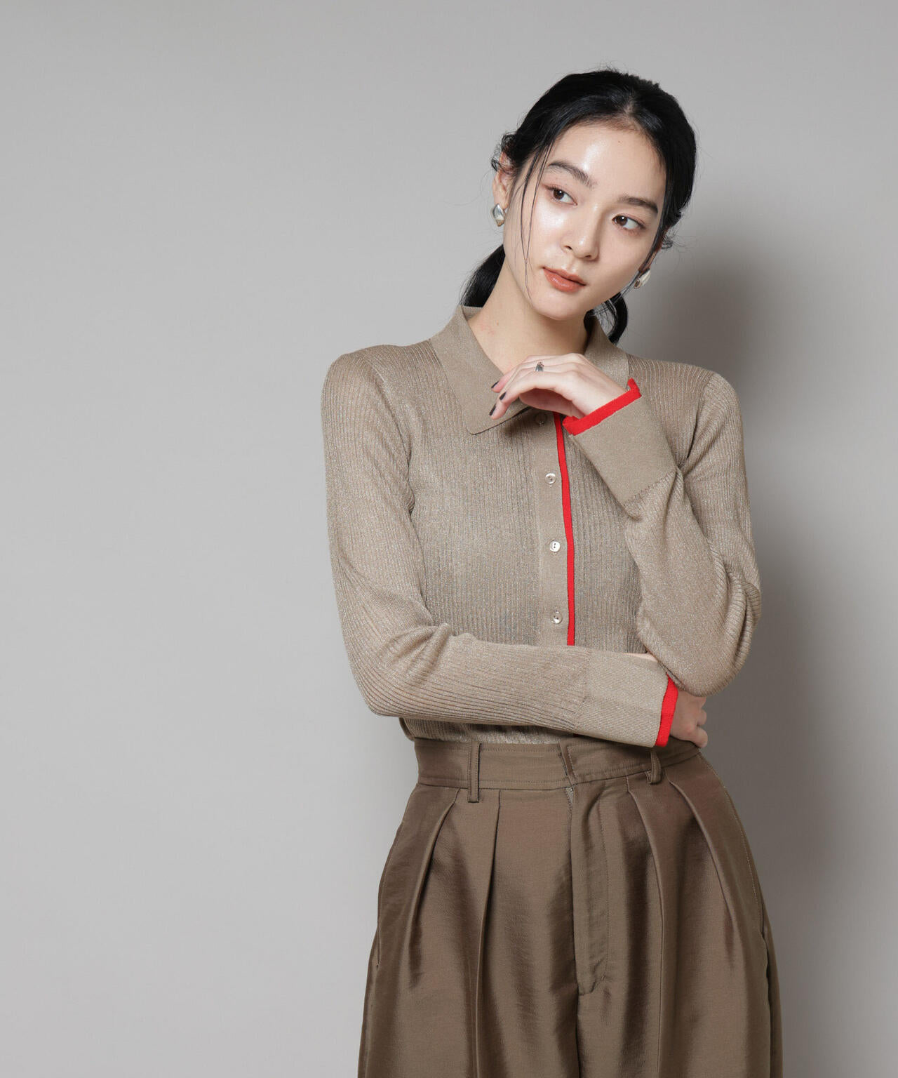 バイカラーシアーリブ衿付きカーディガン