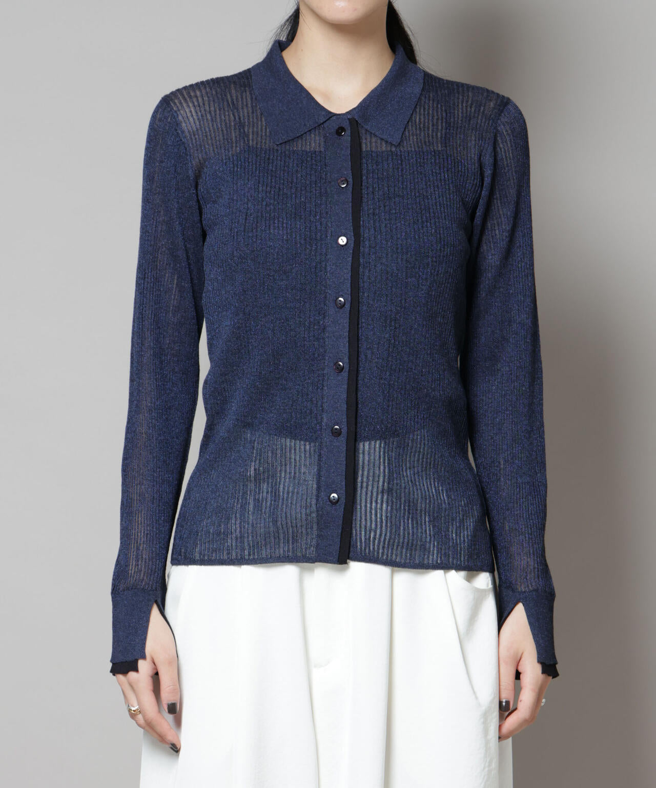 バイカラーシアーリブ衿付きカーディガン